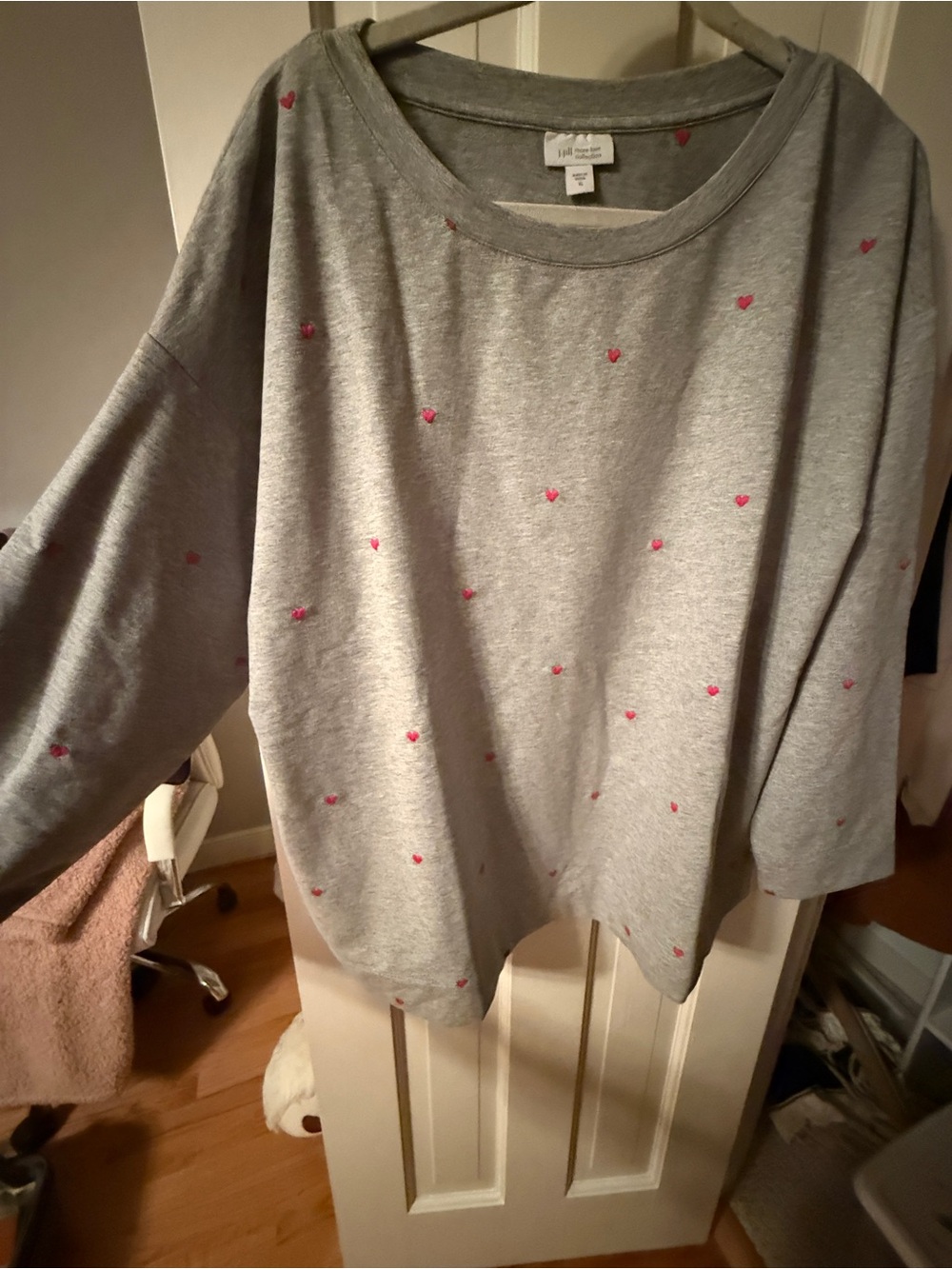 J. Jill Heather Gray Sweatshirt with Pink Heart Embroidery